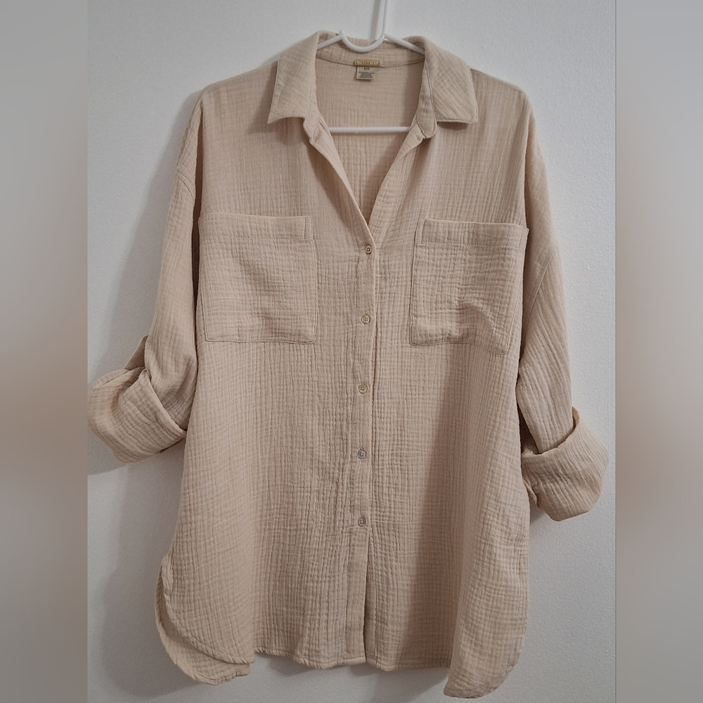 NWOT MAGASCHONI Organic Cotton Light Beige Textured Button-Down Shirt